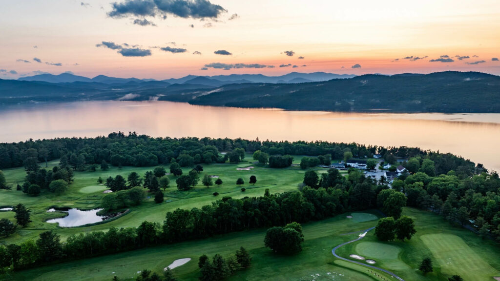 The Golf Club at Basin Harbor sunset over course and Lake Champlain