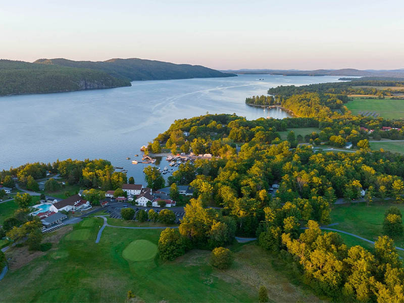 The Golf Club at Basin Harbor aerial view with Lake Champlain